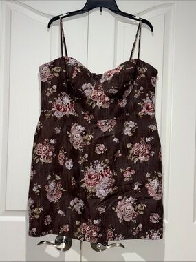 Brock Collection x H&M Brown Floral Corset Mini Dress Linen Blend XL